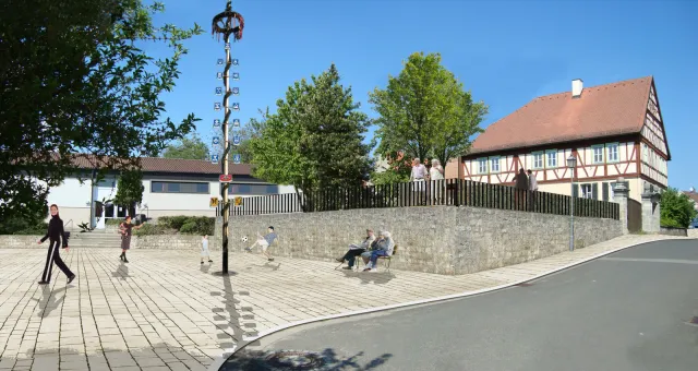 Gemeinde-Allianz Hofheimer Land: Neugestaltung des Bereichs um das ehemalige Pfarrhaus Mechenried (Bildmontage)