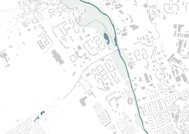 Die Gera-Aue befindet sich als großer Freiraum zwischen den drei Ortsteilen