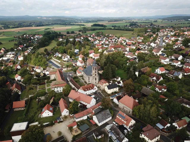 Drohnenbild auf Schloss und Marktplatz